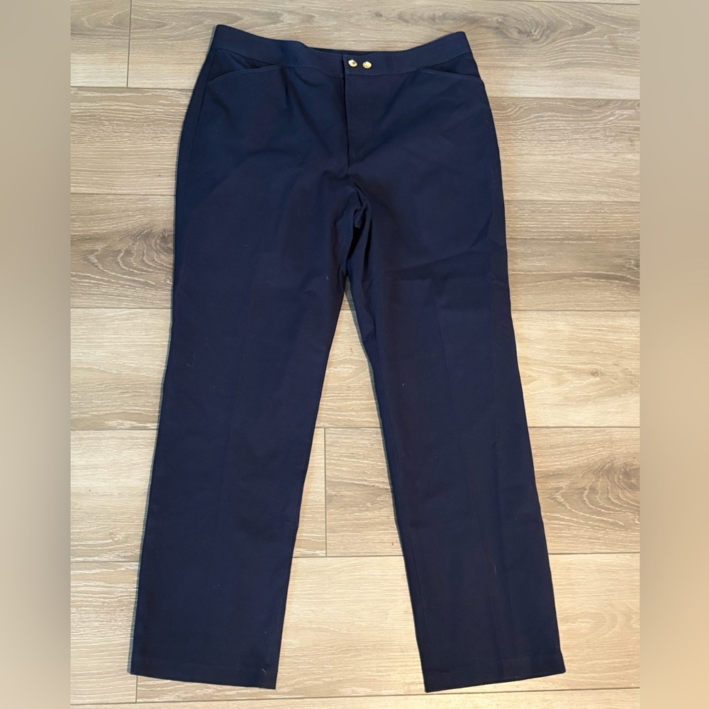 Lauren Ralph Lauren Pants Womens 16 Navy Cotton Stretch Gold Button Straight Leg